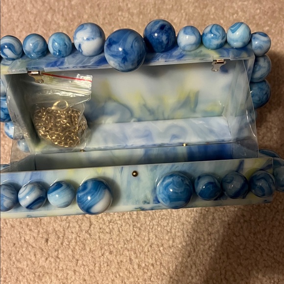 NWOT blue white yellow Acrylic Clutch Women Pearl marble Clutch Box hard Purse - Picture 4 of 5